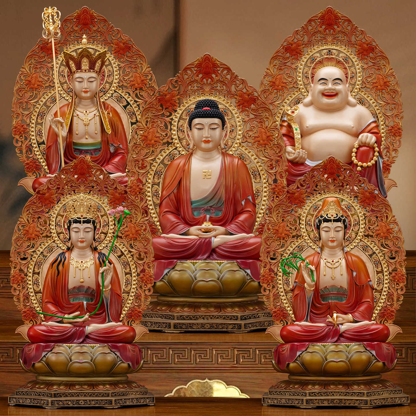 台湾纯铜丹彩贴金全堂佛家用供奉娑婆三圣观世音释迦佛地藏王摆件