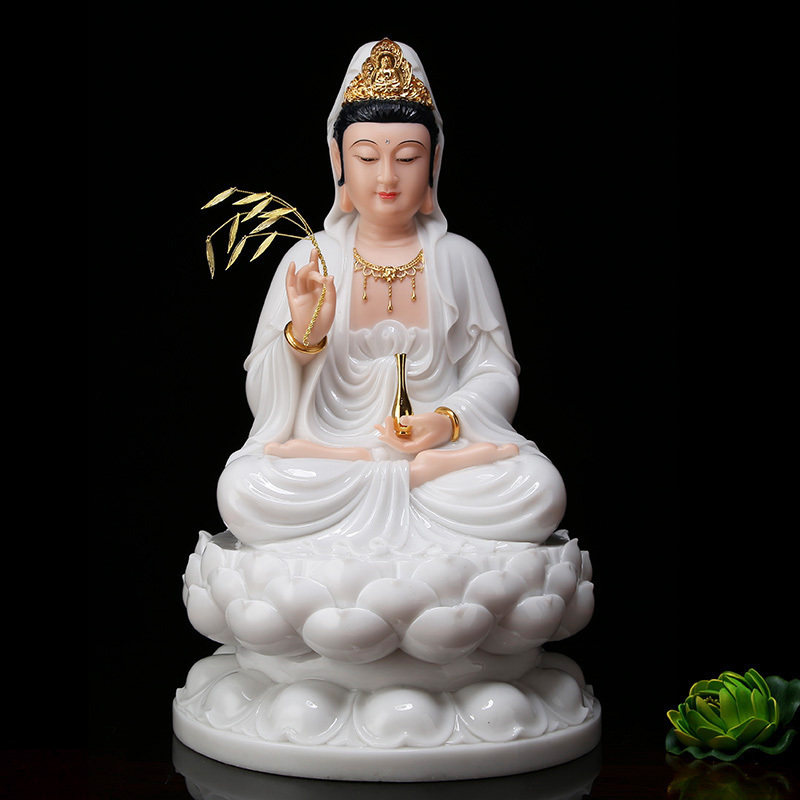 圆通佛具石雕汉白玉观音佛像家用客厅供佛摆件白衣观世音菩萨像