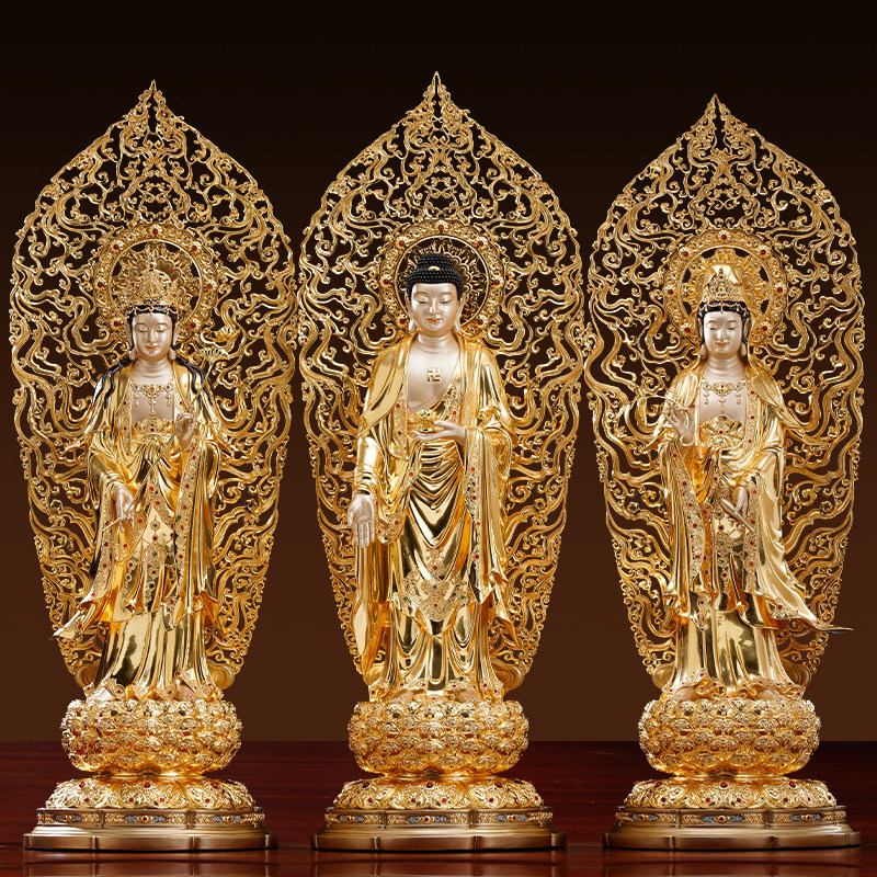 台湾掐丝贴金西方三圣站像纯铜佛像家用供奉站姿阿弥陀佛观音佛像
