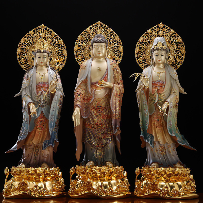 纯铜贴金西方三圣佛像家用佛堂供奉站像阿弥陀佛观音大势至铜像