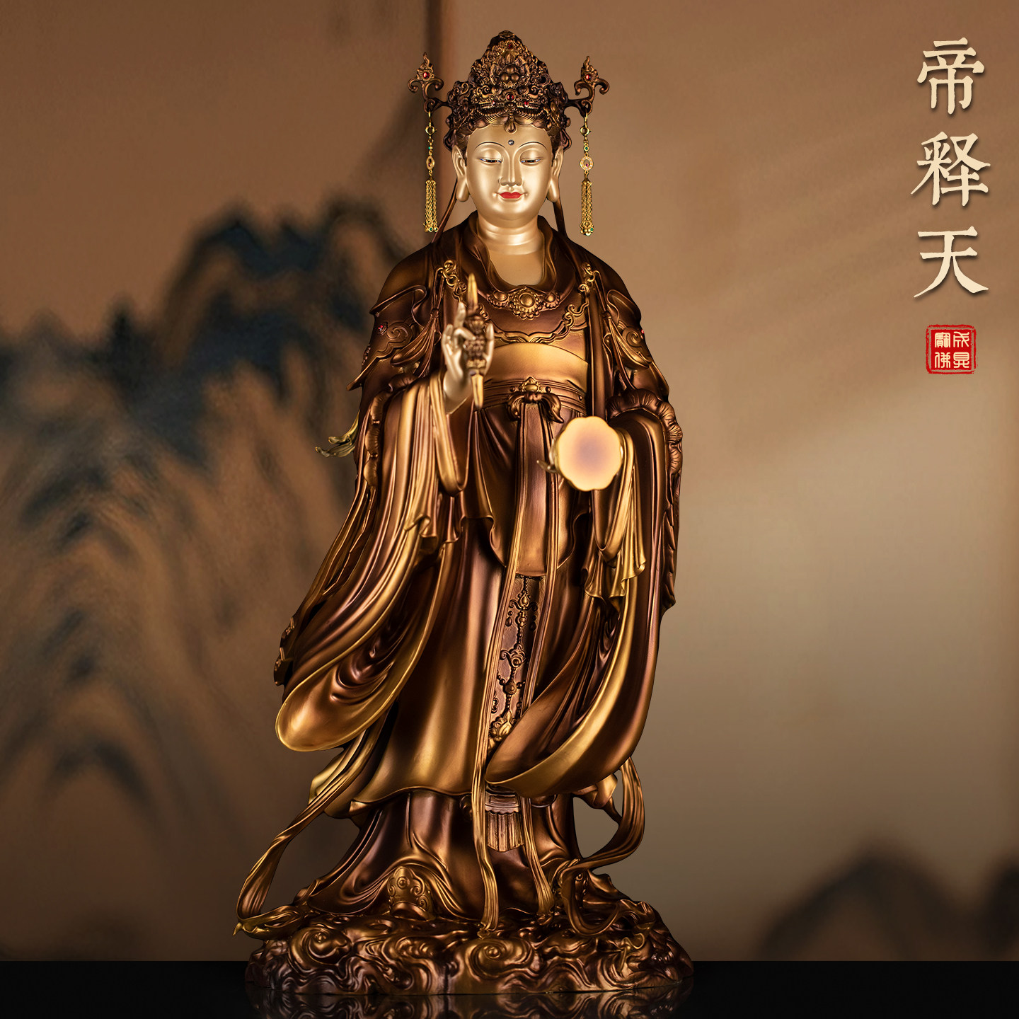 纯铜仿古彩绘帝释天佛像家用供奉二十四诸天帝释天护法铜像摆件