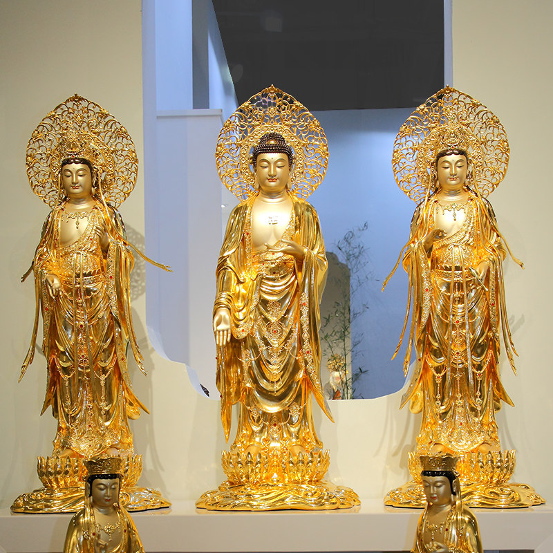 纯铜贴金西方三圣佛像家用供奉站阿弥陀佛观音菩萨大势至铜像摆件