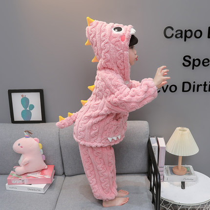 小恐龙衣服女童睡衣秋冬款儿童加绒珊瑚绒加厚宝宝冬季分体家居服