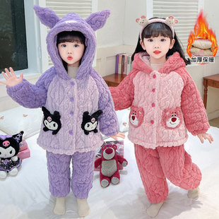 冬季儿童睡衣三层夹棉加厚套装保暖中小童公主风法兰绒女童家居服