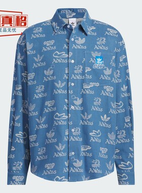 阿迪达斯三叶草男子街头复古满印长袖休闲宽松衬衫 JN1662 JN1663