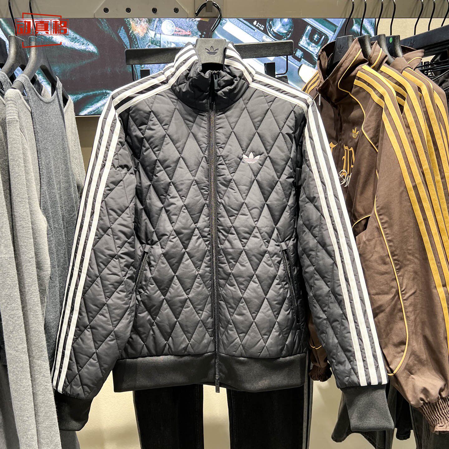 阿迪达斯三叶草男女装2026冬款菱格纹宽松保暖夹克棉服外套LC8183