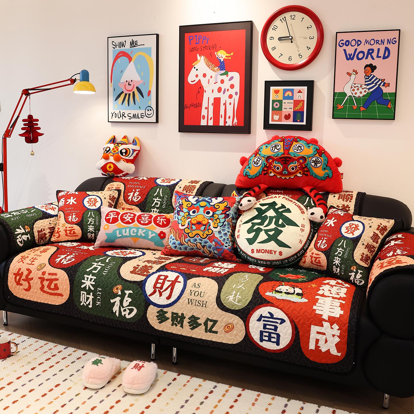 暖屿新中式国潮发财喜庆沙发垫防滑防猫抓四季高档客厅沙发套罩巾