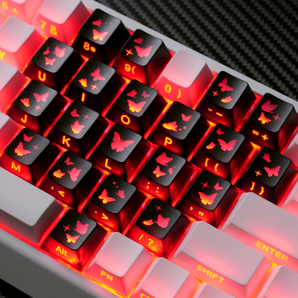 黑色爱心蝴蝶键帽侧刻透光镭雕原厂PC适配磁轴机械键盘DIY素材