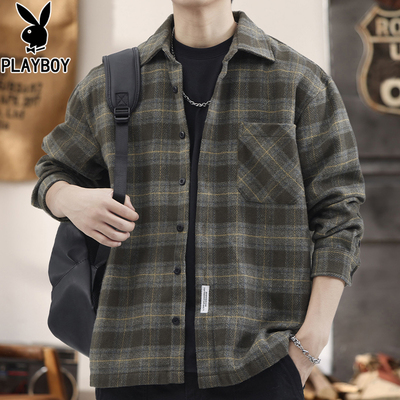 花花公子秋冬季格子衬衫外套男士重磅加厚长袖夹克日系衬衣男装潮