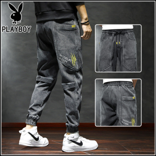 花花公子2025新款秋冬季工装牛仔裤男士宽松哈伦束脚加绒长裤子男