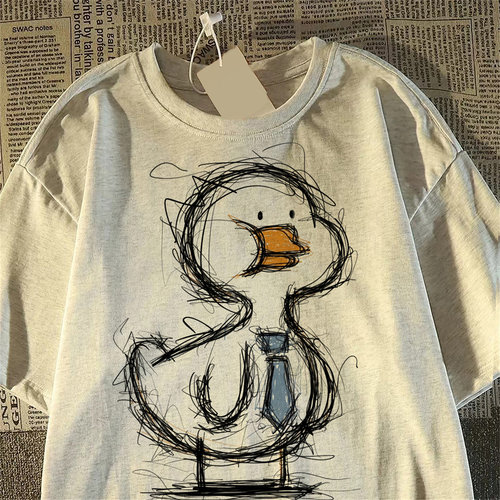 大牌外贸素描领带鸭纯棉短袖T恤