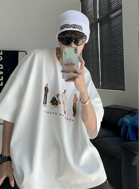 品牌出口外贸撤回~韩版人物重磅纯棉短袖t恤男女夏季白色上衣服潮