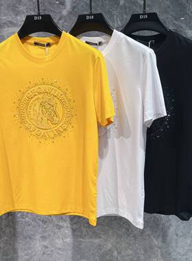 欧洲站夏季男士短袖t恤丝光棉潮牌时尚修身烫钻马头半袖打底衫凉T