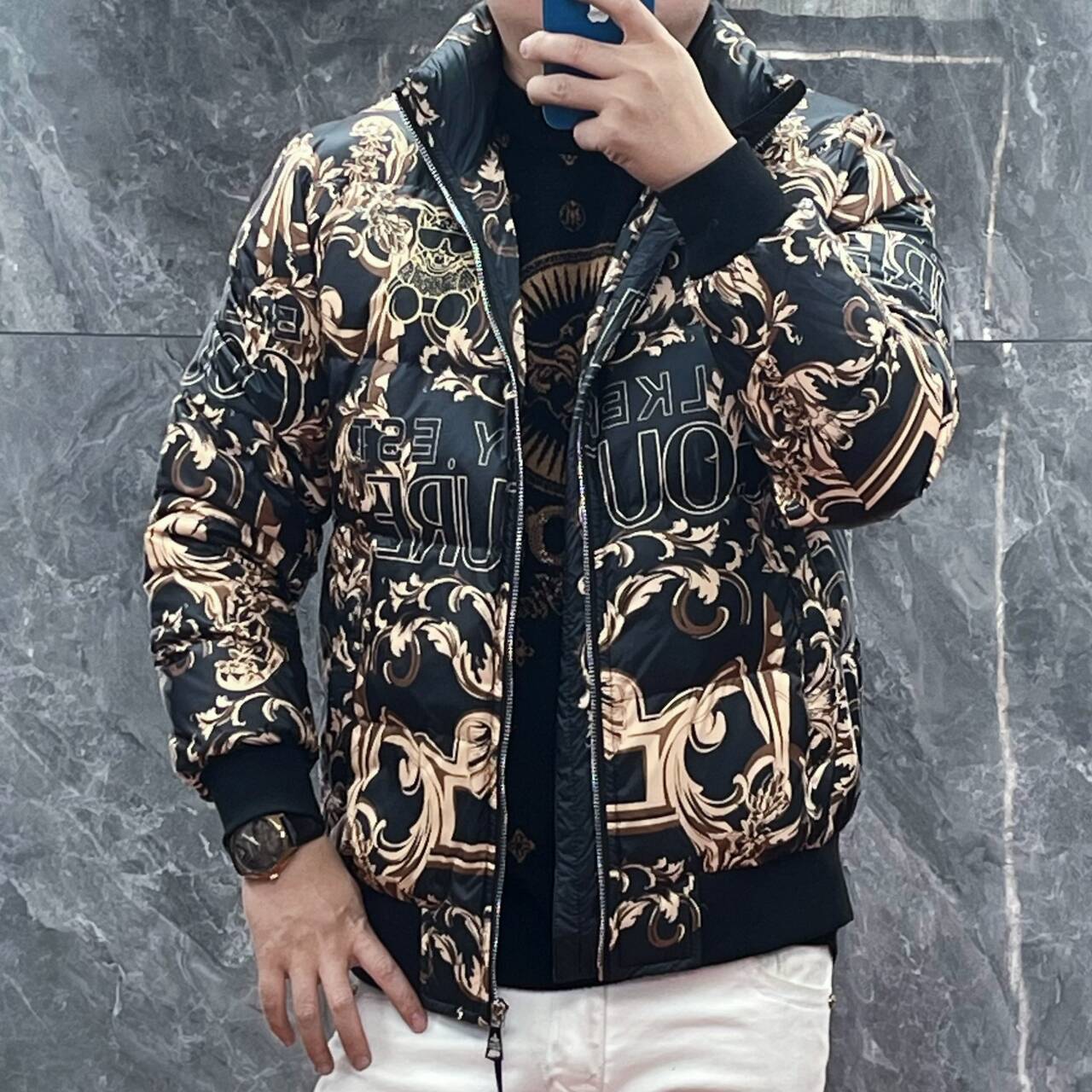 欧洲站冬季男士羽绒服立领潮流时尚个性印花保暖帅气外套休闲上衣