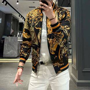 欧洲站春季男士薄款长袖外套潮牌修身印花时尚个性薄款棒球服夹克