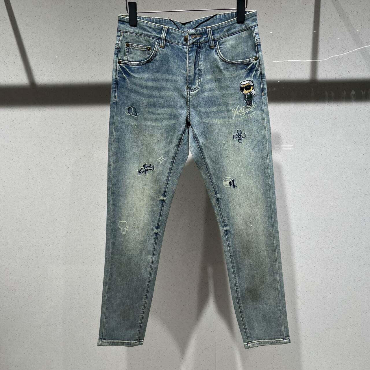 欧货高端春夏季男士牛仔裤小脚修身潮流时尚小老头刺绣休闲长裤薄