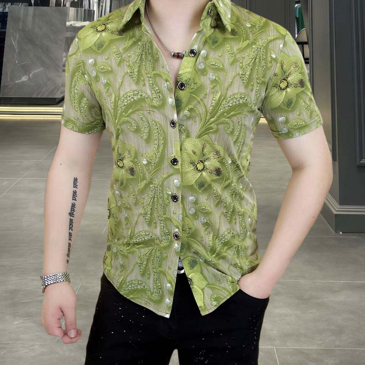欧洲站夏季男士冰丝短袖衬衫