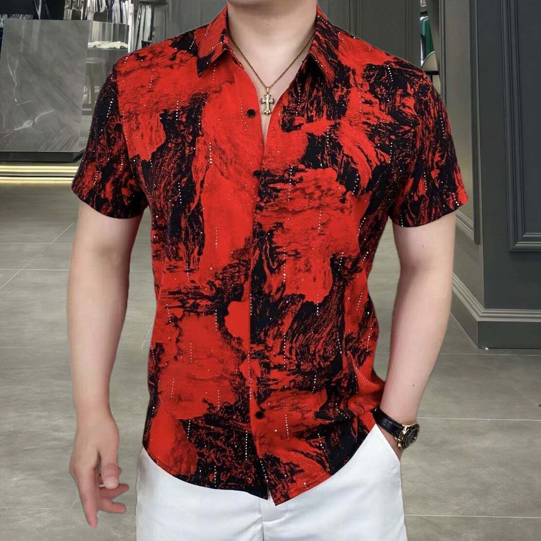 欧洲站夏季男士冰丝薄款短袖衬衫
