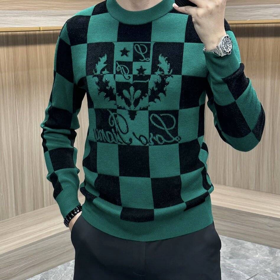秋冬季男士长袖毛衣天鹅绒潮牌时尚修身格子休闲保暖打底针织衫厚