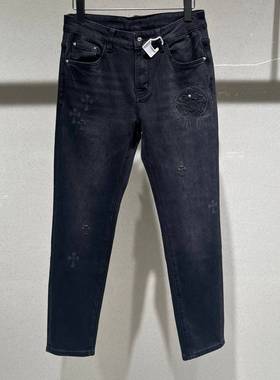 欧洲站秋季男士牛仔裤小脚修身潮流时尚刺绣黑灰色弹力休闲长裤子