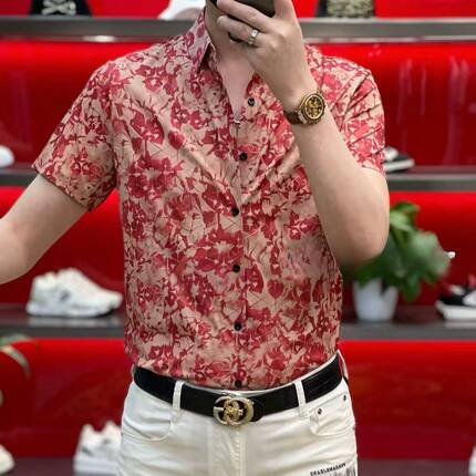 欧洲站夏季男士冰丝短袖衬衫潮牌时尚修身个性碎花衬衣痞帅凉上衣