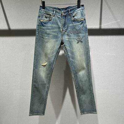 欧货高端男士烫钻骷髅破洞牛仔裤