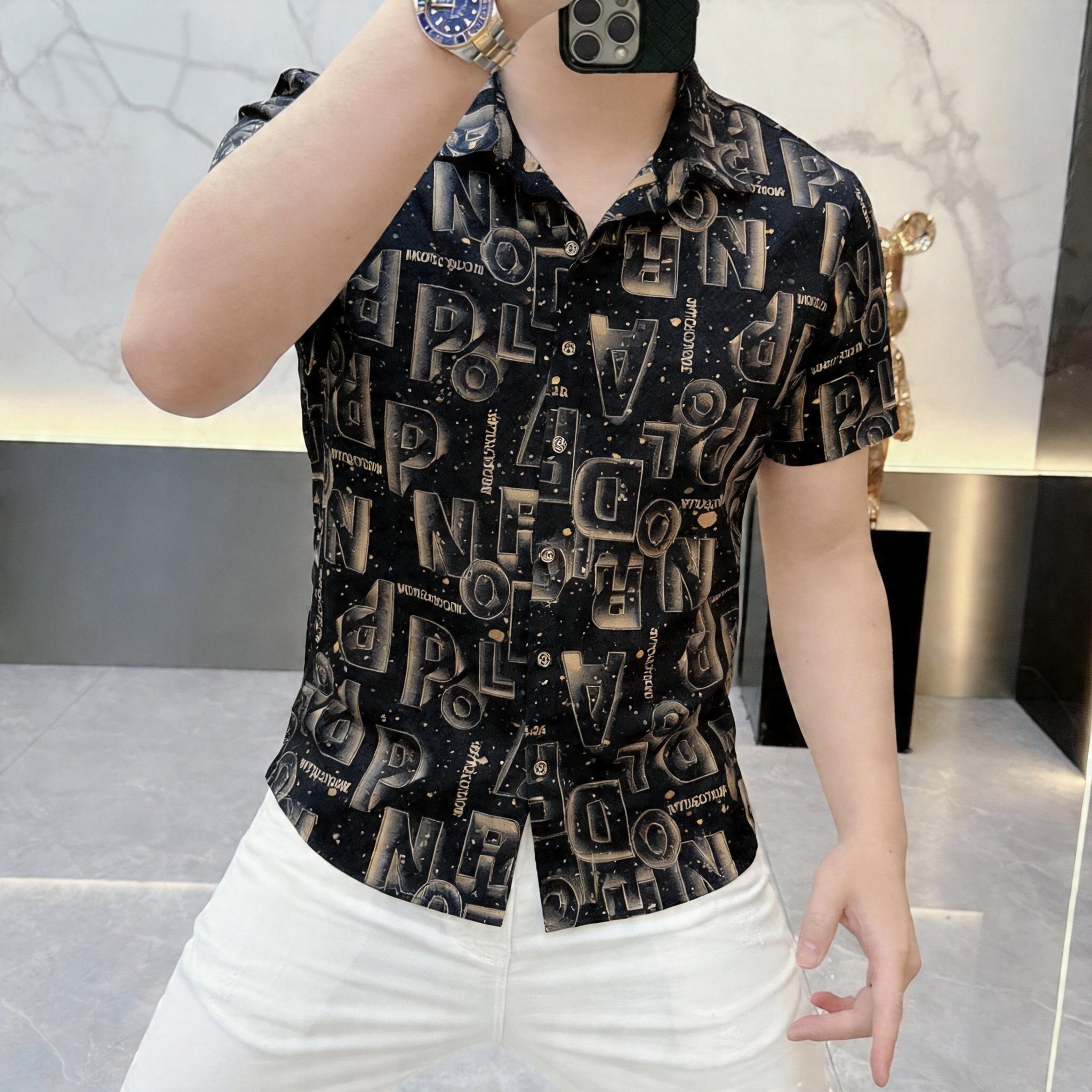 欧洲站夏季男士冰丝短袖衬衫修身