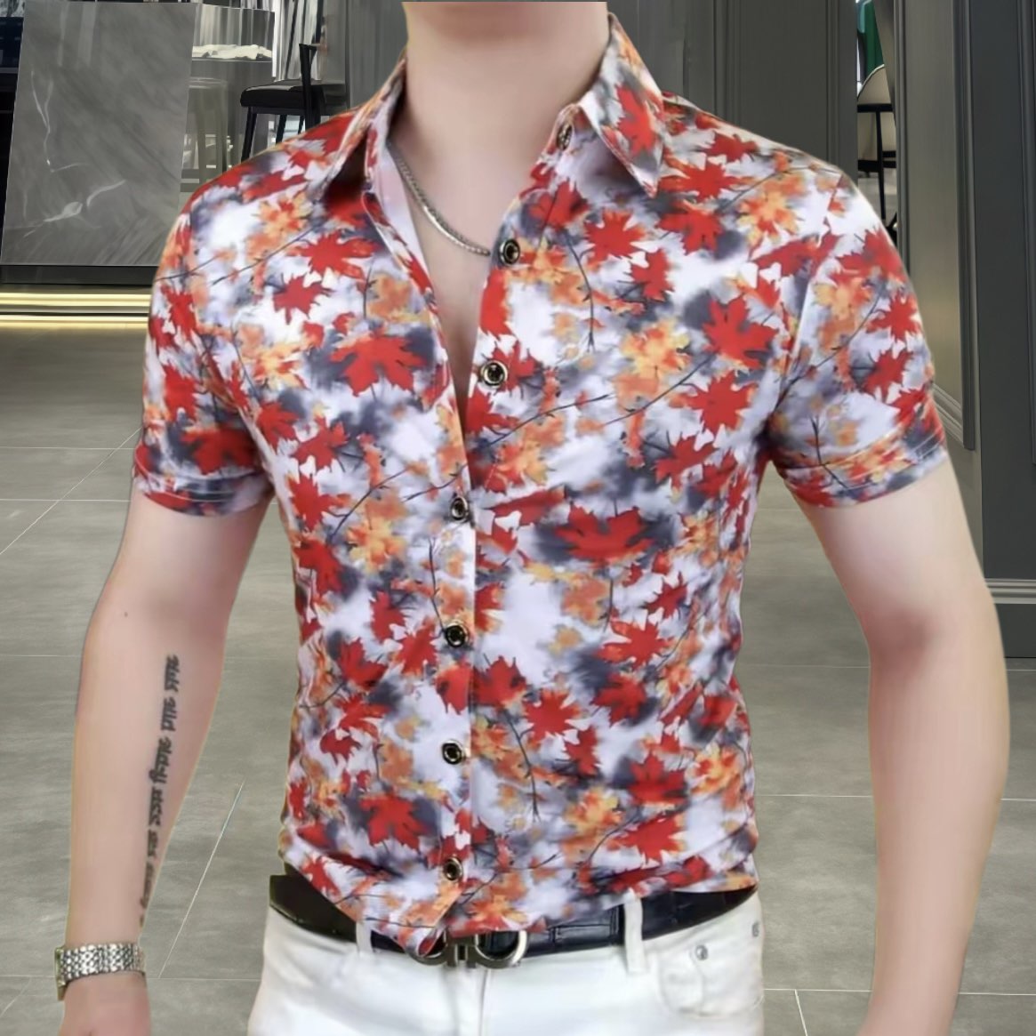 欧洲站夏季男士冰丝短袖衬衫修身
