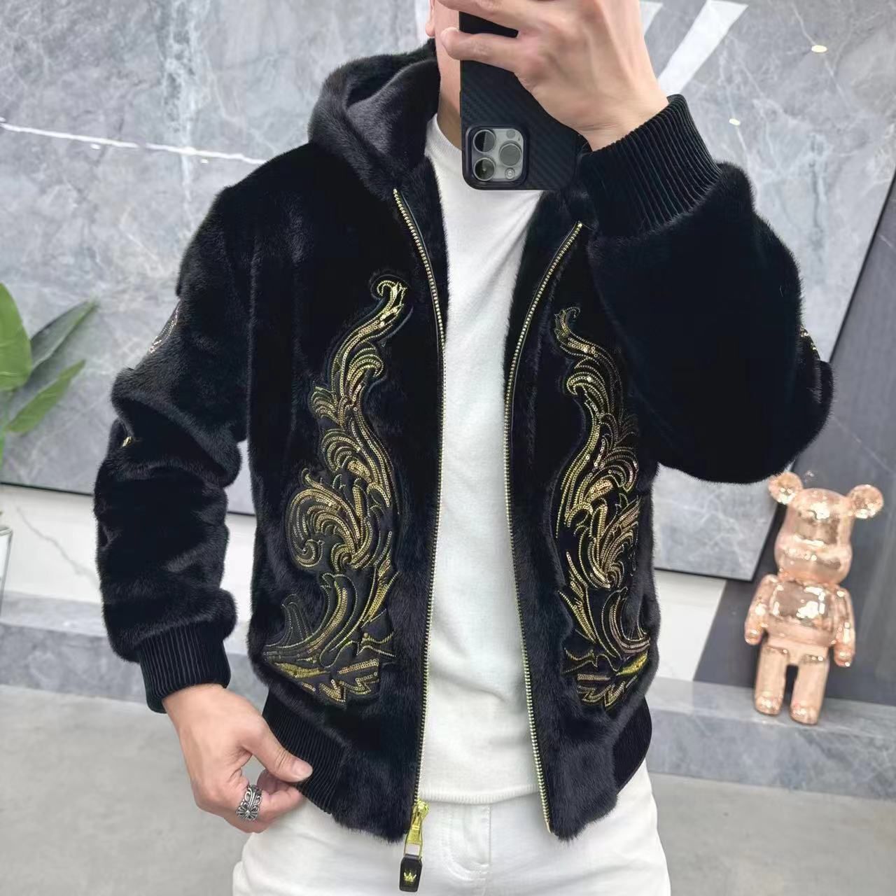 欧货潮牌连帽冬季修身金貂绒外套