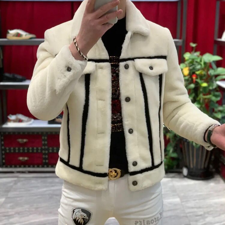 冬季男士白色金貂绒外套翻领加厚皮毛一体潮流修身韩版休闲夹克男