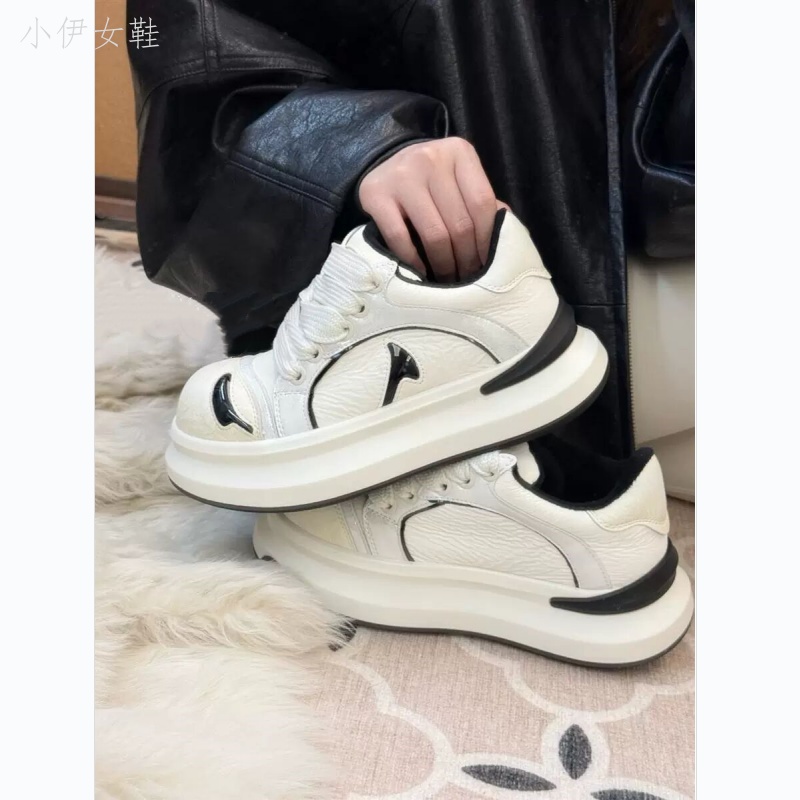 超好看又好穿的真皮6cm厚底熊猫色增高百搭面包鞋时尚休闲运动鞋