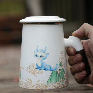 陶瓷马克杯礼盒带龙图案茶杯家用茶水分离喝水杯子情侣对杯伴手礼