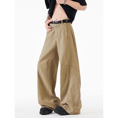 廓形卡其色弯刀工装牛仔裤男女款美式设计感拼接解构阔腿长裤微喇