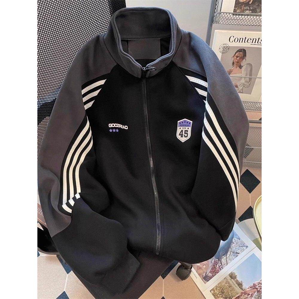 美式复古撞色条纹棒球服徽章立领卫衣外套女秋学院风运动开衫夹克