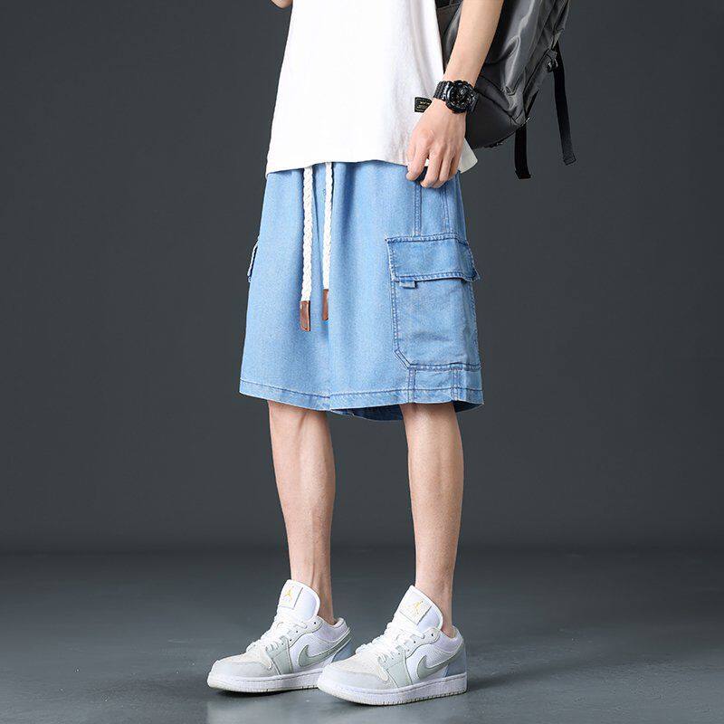 大码美式多口袋牛仔短裤男士夏季新款工装五分裤休闲宽松直筒中裤