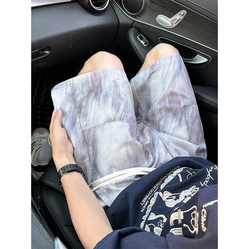 美式扎染冰丝短裤男款夏季凉感薄款沙滩裤痞帅宽松休闲五分裤子潮