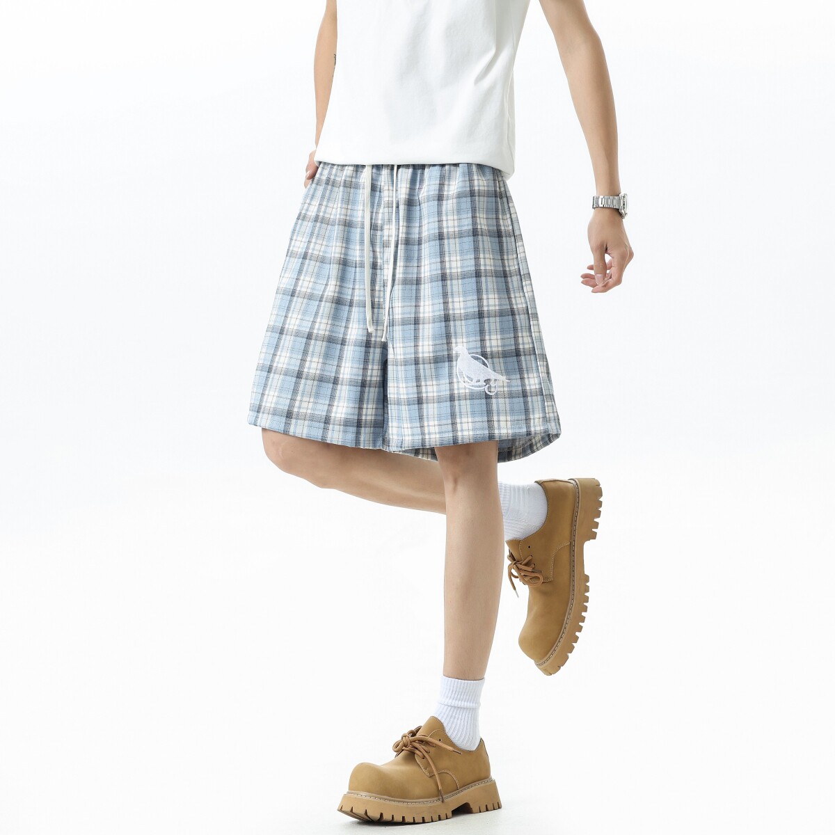 美式北卡蓝色格子刺绣短裤男女夏季cleanfit慵懒休闲百搭宽松五