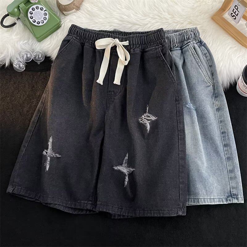 松紧腰系绳5分短裤男士夏季宽松运动裤休闲中裤青少年五分牛仔裤