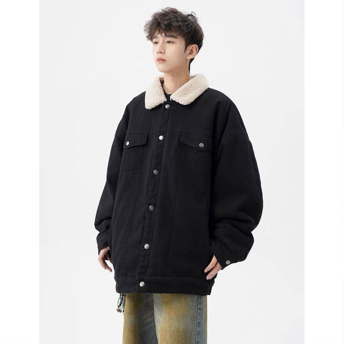 羊羔绒翻领加绒加厚牛仔外套男女款冬季保暖工装棉衣美式复古夹克