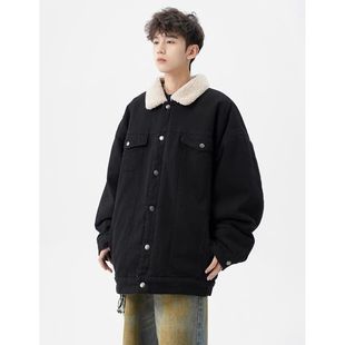 羊羔绒翻领加绒加厚牛仔外套男女款冬季保暖工装棉衣美式复古夹克