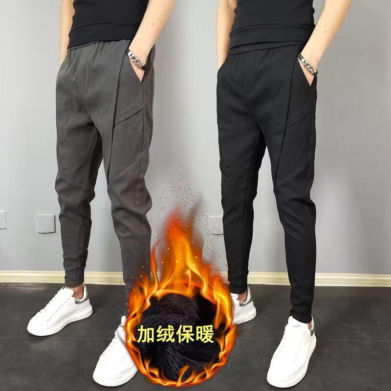 秋季新款男士休闲裤男加绒九分修身小脚裤子运动工装长裤冬季加绒