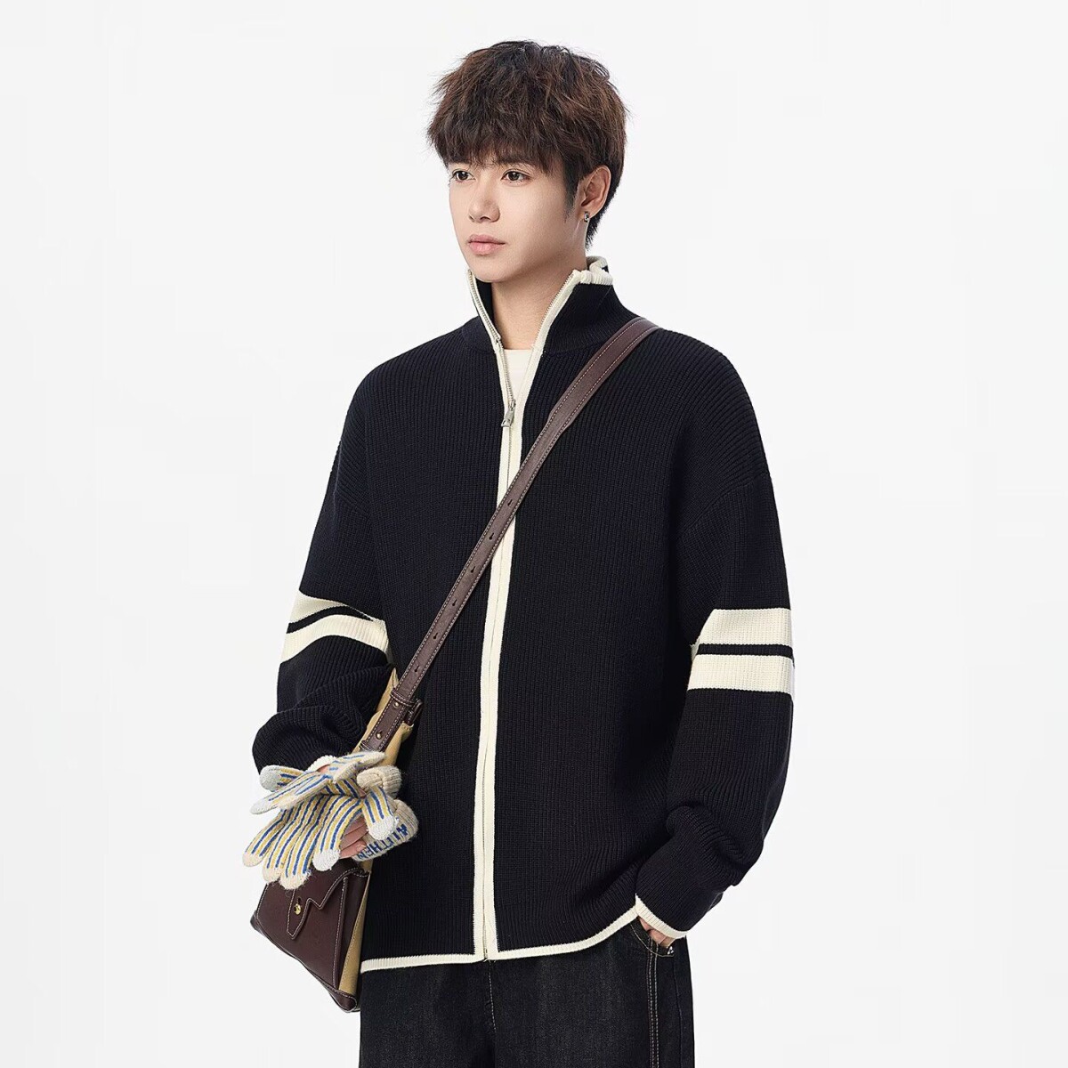 时尚潮条纹立领半拉链毛衣男秋冬季休闲宽松慵懒风套头针织衫外套