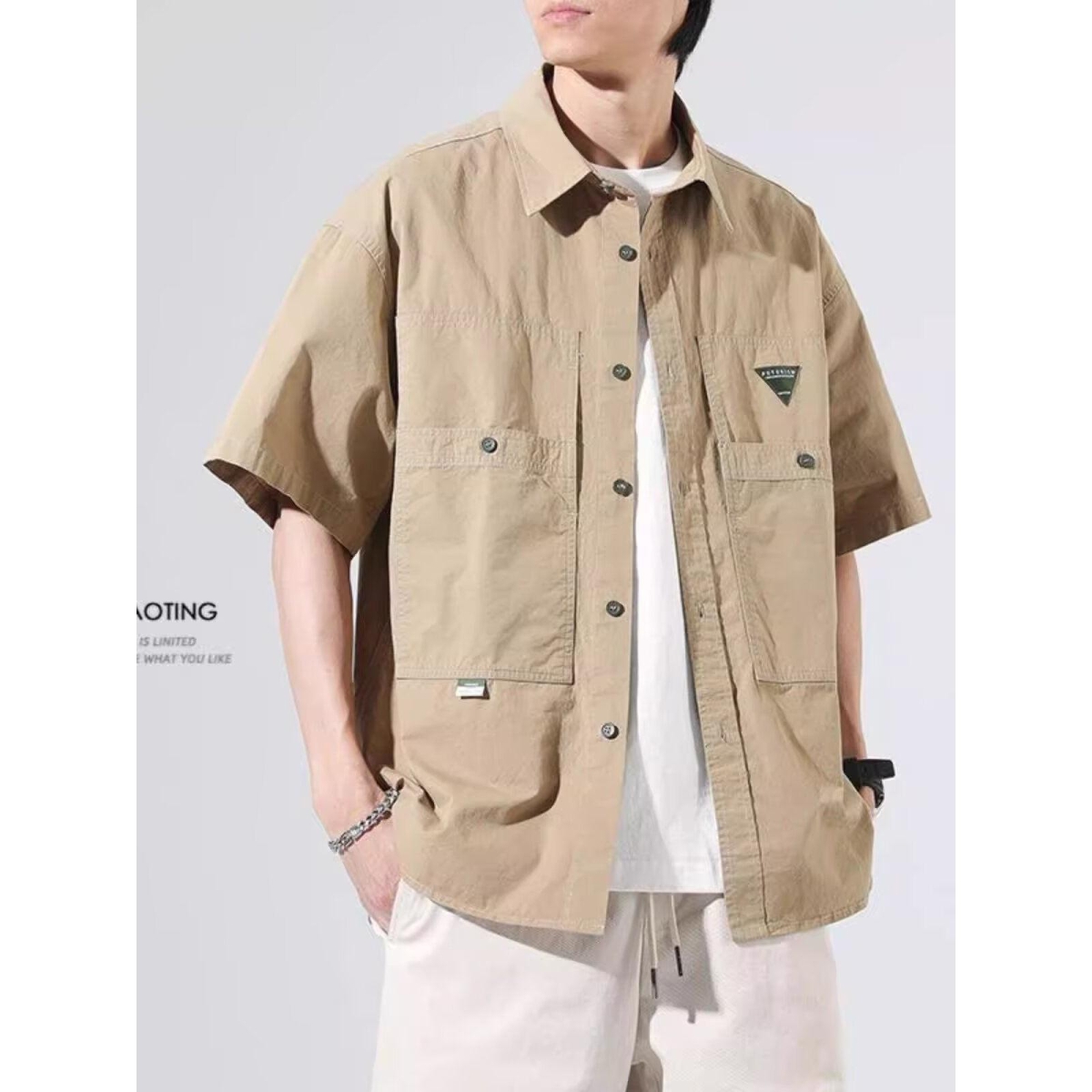 美式复古工装短袖衬衫男夏季薄款山系户外通勤男装阿美咔叽衬衣男