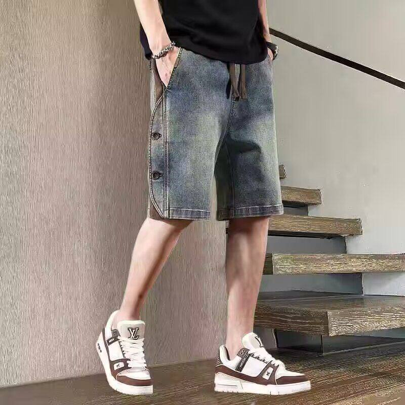美式复古牛仔短裤男夏季薄款宽松直筒五分裤潮牌休闲拼接中裤子潮