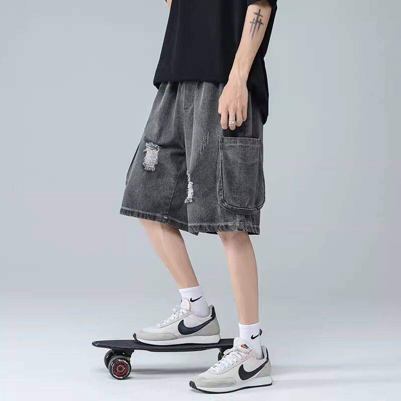 工装牛仔短裤男夏季薄款直筒宽松休闲裤男士五分裤潮牌破洞裤子夏