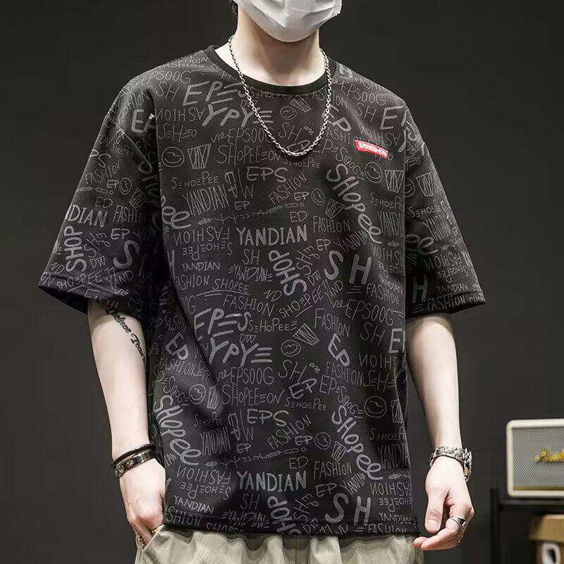 休闲港风2024年夏季男装短袖提花T恤薄款潮宽松型圆领流行青年潮