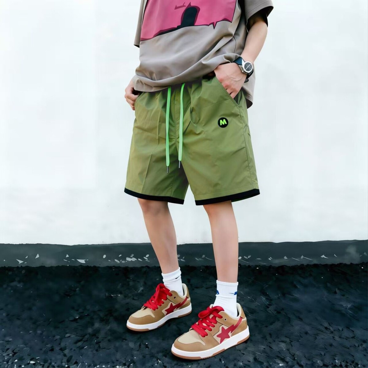 夏季五分裤子男士新款网红裤薄款拼接休闲短裤男款宽松沙滩裤痞帅