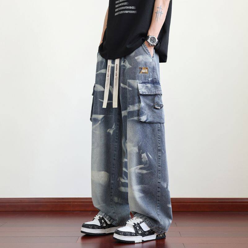 2025春秋薄款大码阔腿牛仔裤美式潮牌男加肥加大胖子宽松直筒长裤