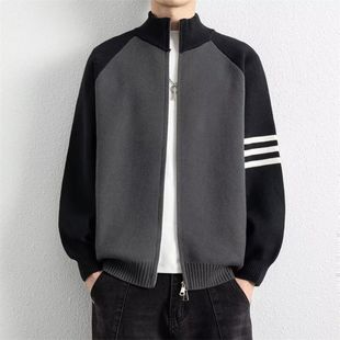开衫毛衣男春秋季百搭潮牌立领撞色针织外套男生休闲毛线衣服冬装