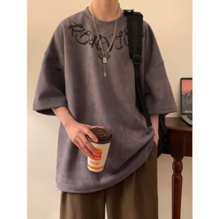 2023夏款大码麂皮绒短袖打底T恤男美式复古休闲半袖港风短袖上衣